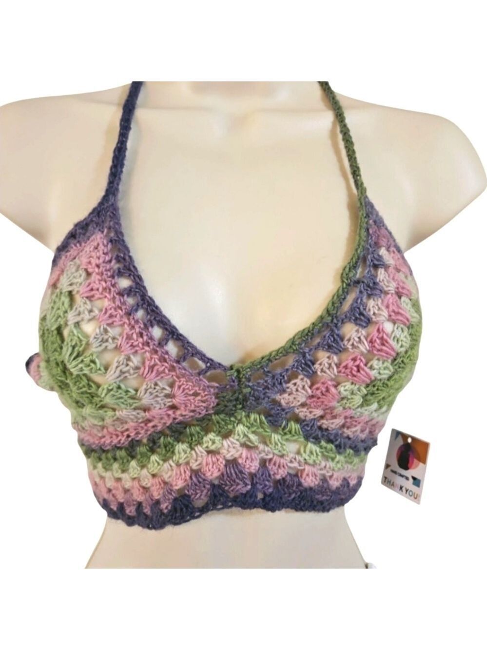 Hand Crafted Crochet Halter Crop- Top Granny Square Multicolored Bralette Bikini
